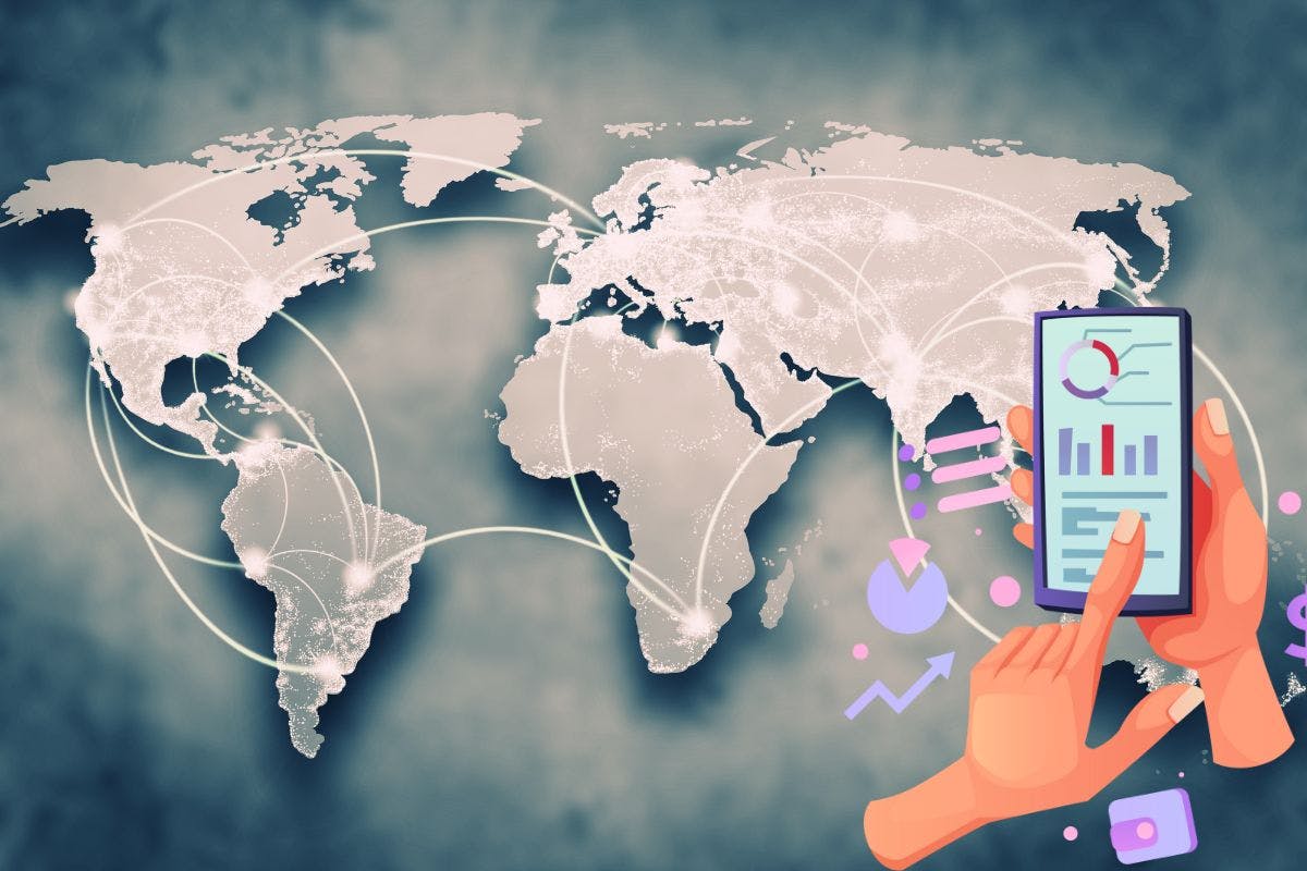 Image for Jeeves credit card showing a world map and hands holding a phone with charts on its screen
