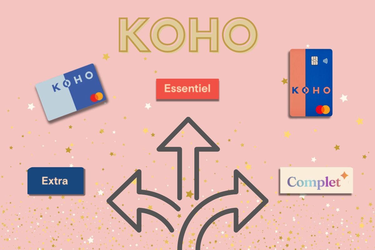 Deux cartes prépayées KOHO avec des flèches qui pointent vers un choix de forfaits