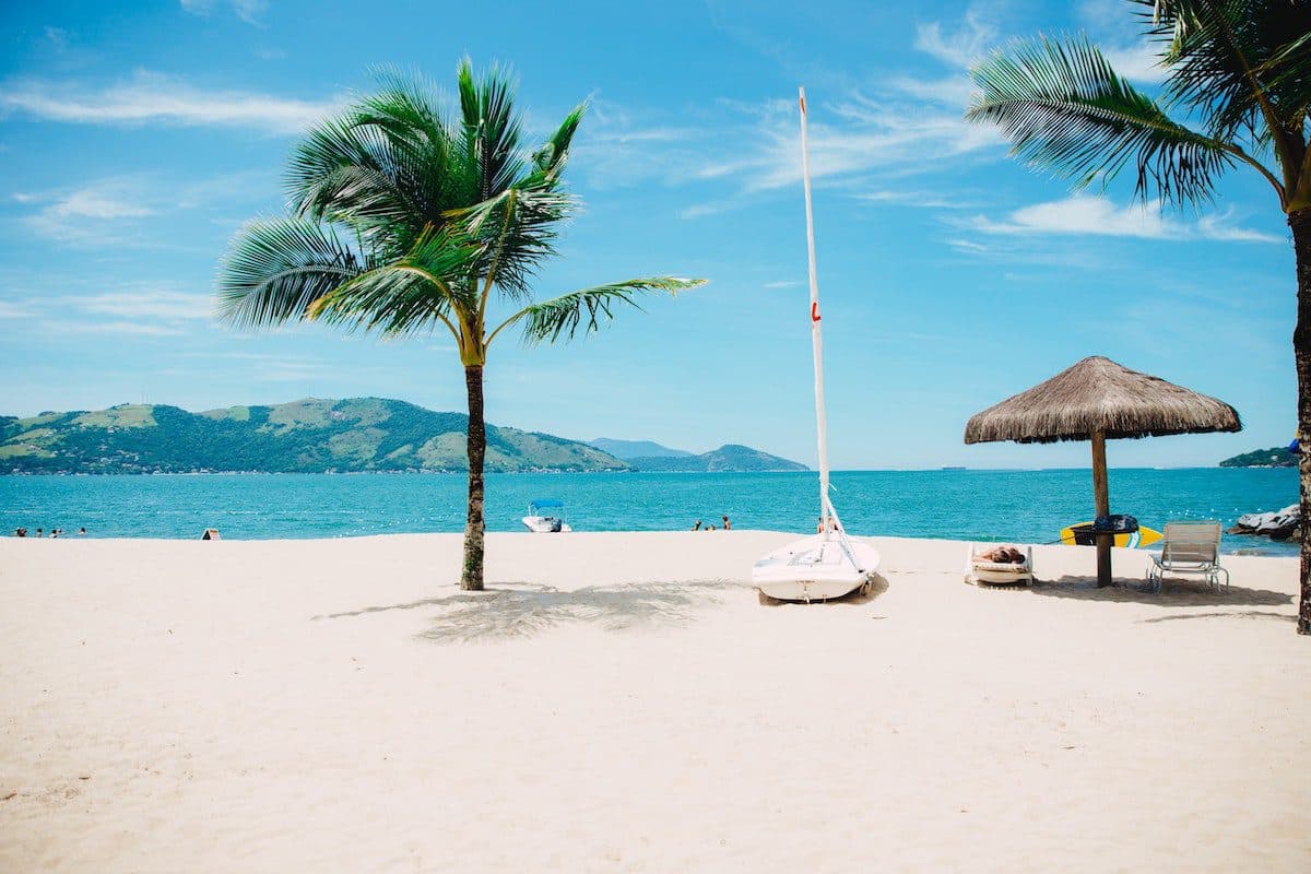 A serene beach scene featuring palm trees and a sailboat gracefully sailing on the calm waters.