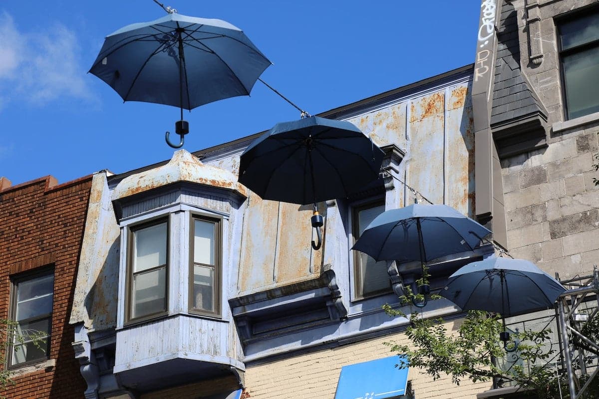 A cluster of colorful umbrellas suspended from a building's side, creating a vibrant and whimsical display.