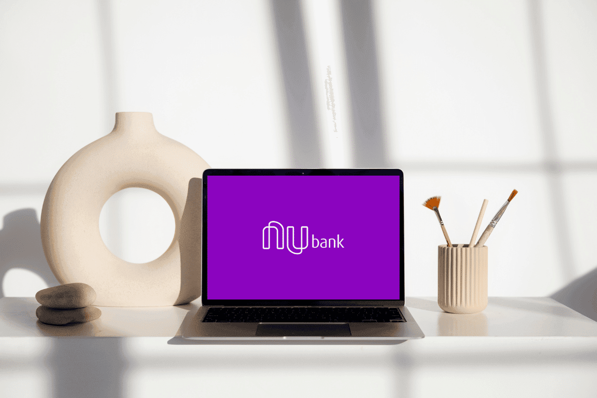 Nubank logo on the laptop screen on a desk