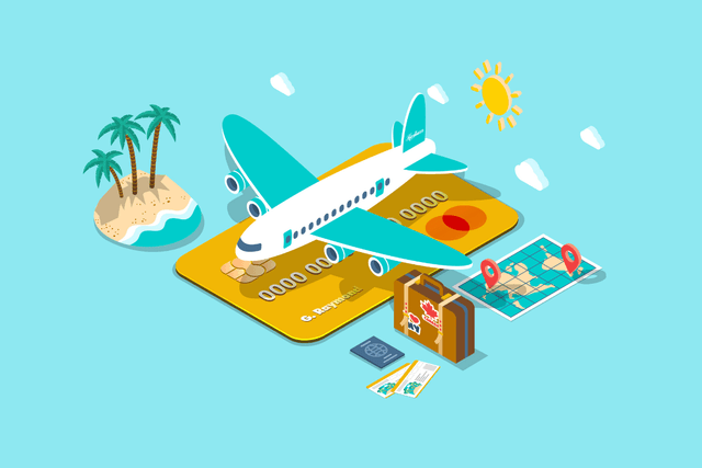 plane standing on top of a travel credit card