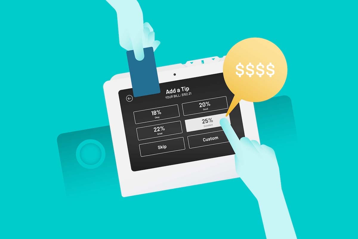 A payment terminal displaying tipping percentage options including 18%, 20%, 22% and 25%