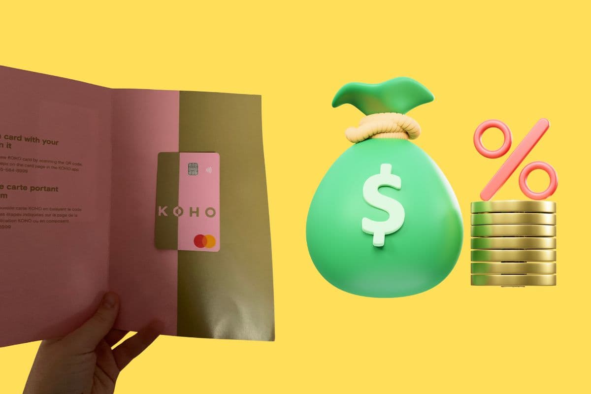 Hand holding the KOHO prepaid card next to money and percentage symbols