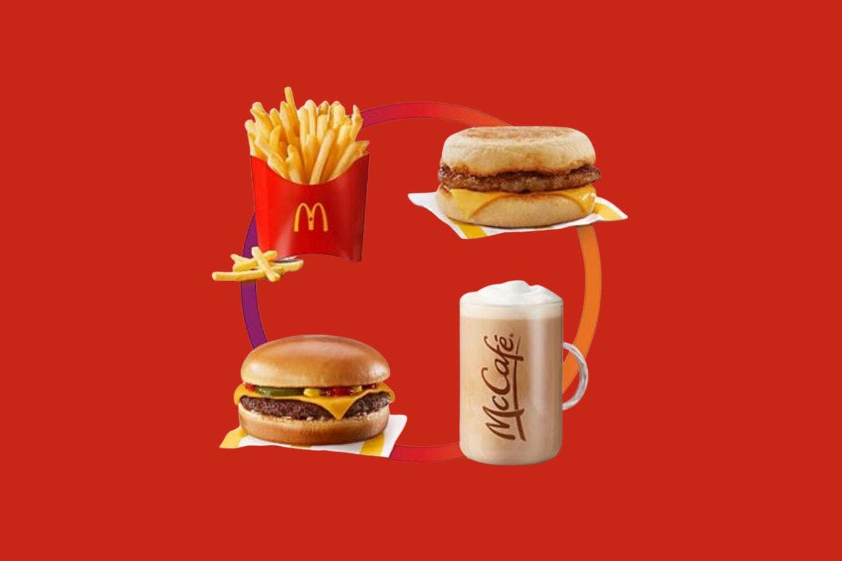 Cheeseburger, Sausage MCMuffin, Fries and Latte (any size)