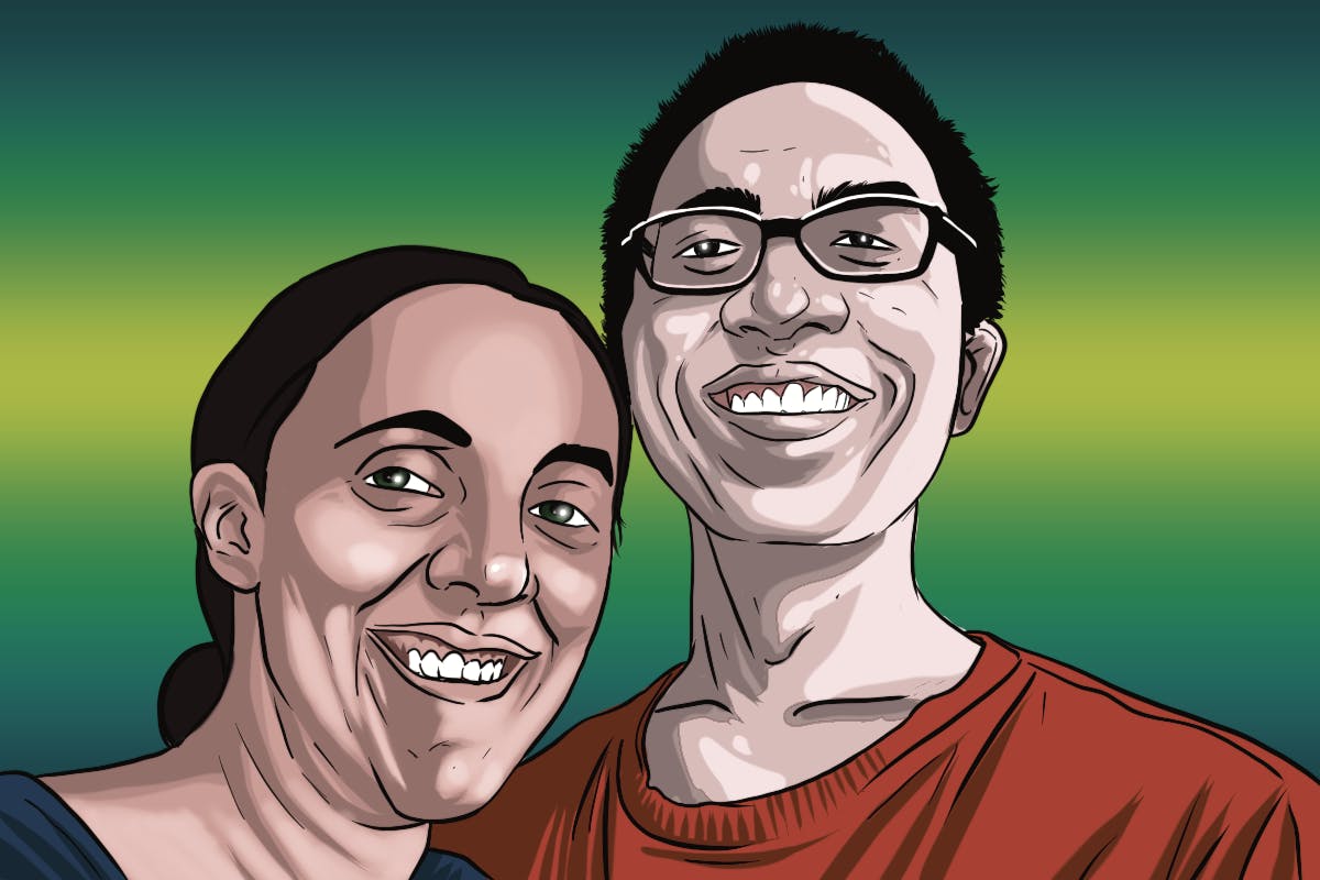 A happy couple depicted in a cartoon style, both smiling.