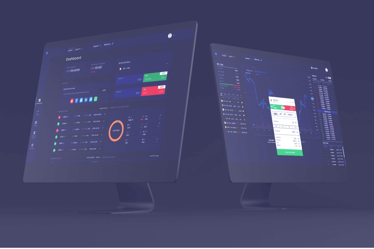 two screens presenting distinct trading interfaces for financial analysis
