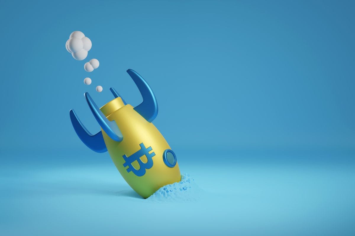 A rocket adorned with a bitcoin symbol, showcasing vibrant yellow and blue colors.