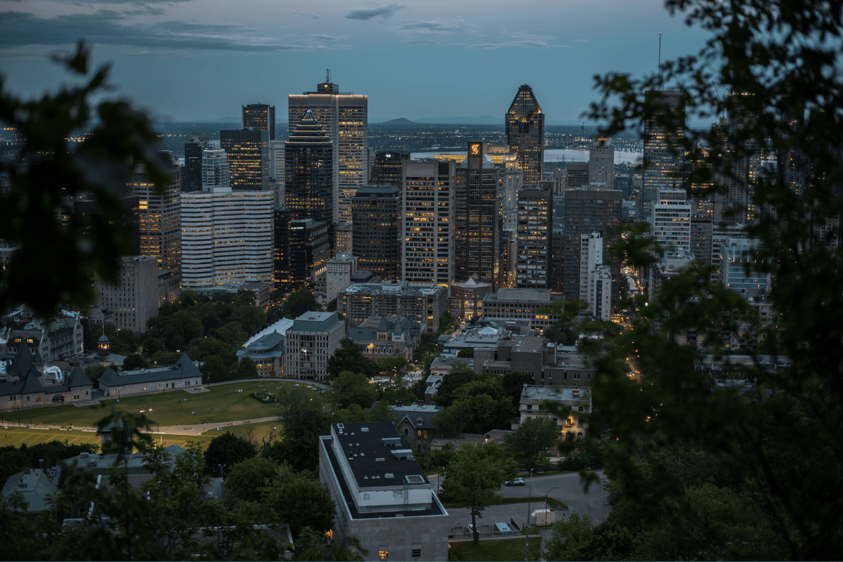 The city of Montreal, viewed from a hilltop, showcases its urban landscape and architectural beauty.
