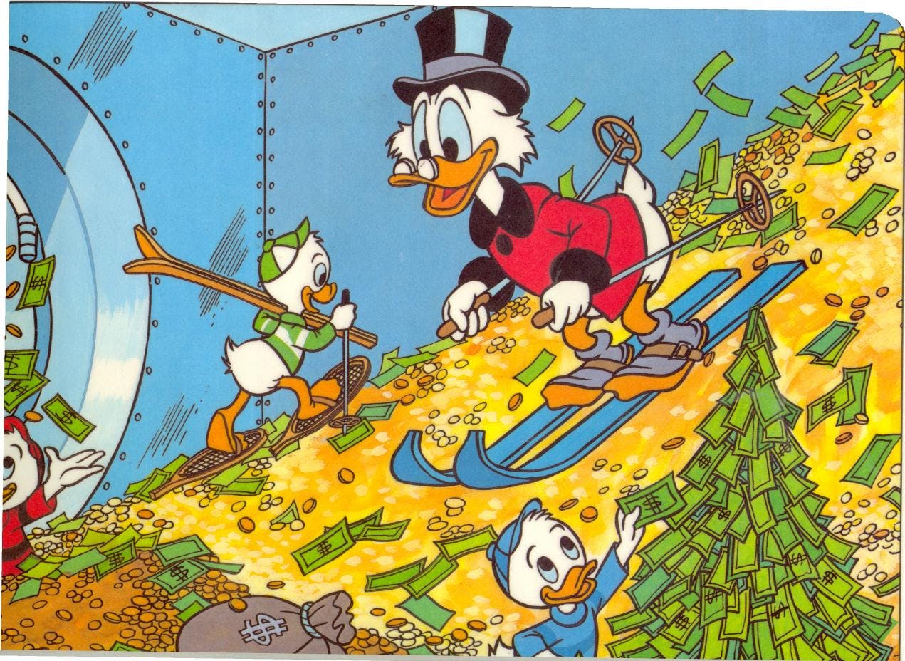 cartoon duck characters skiing down a hill with money