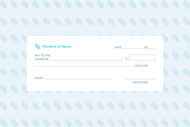 A check on a blue background adorned with leaves, representing nature's beauty and tranquility.