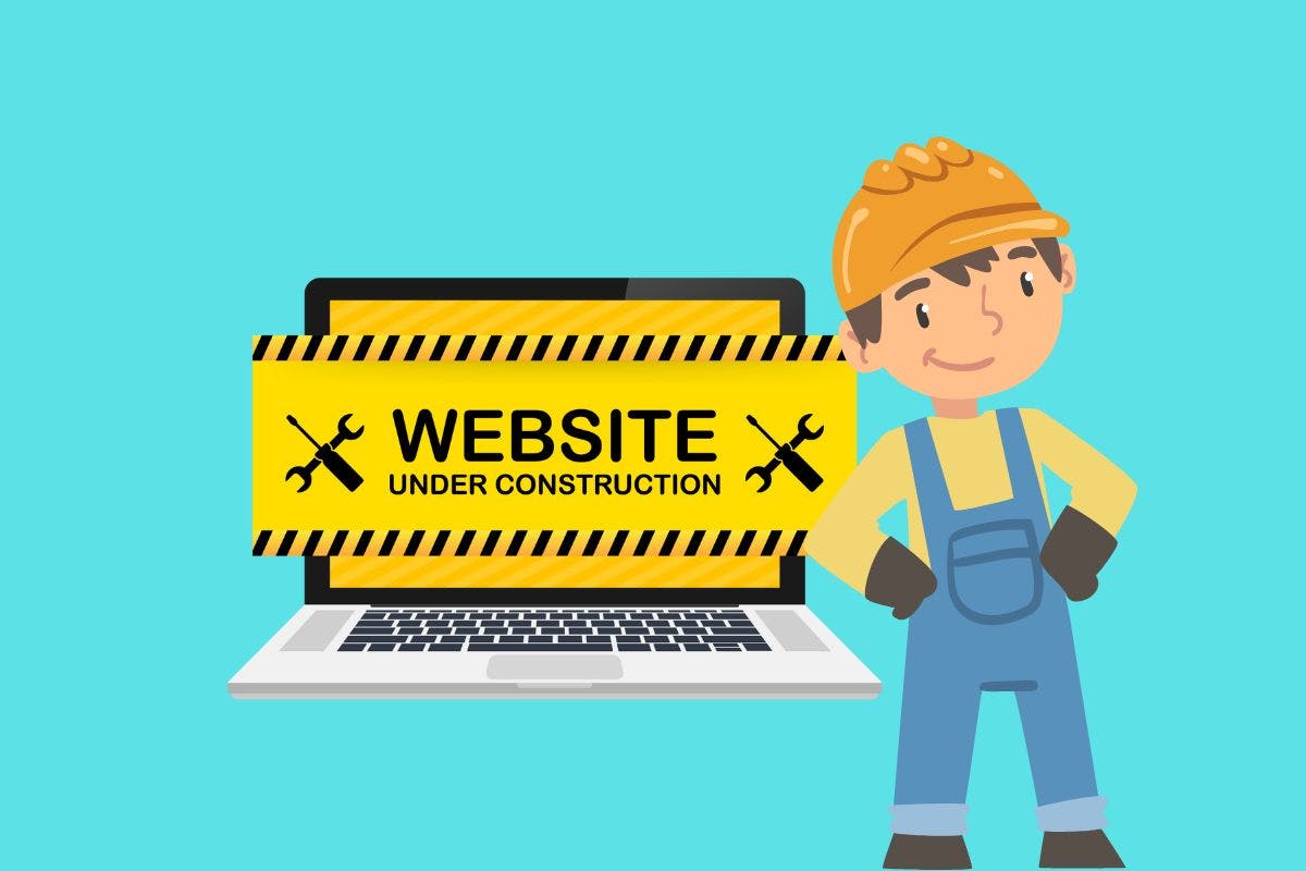 Graphics showing a computer with yellow screen saying website under construction, and a worker standing beside.