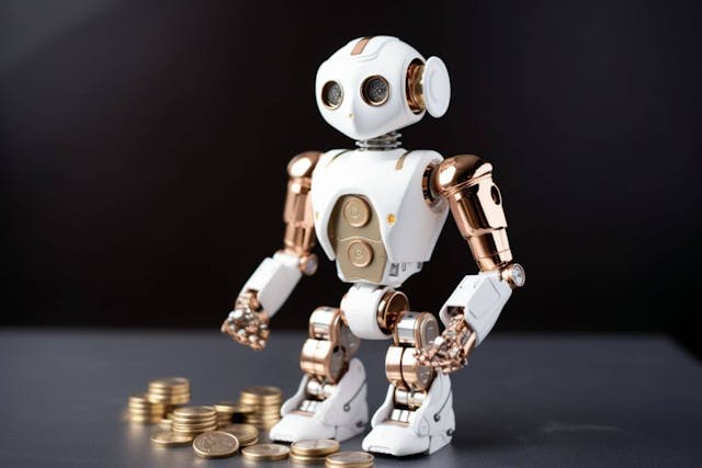 a robot with gold and silver objects