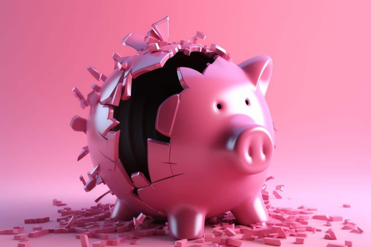 Broken pink piggy bank with scattered pieces