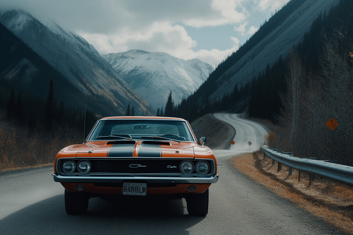 A collector car driving in the mountains in Canada