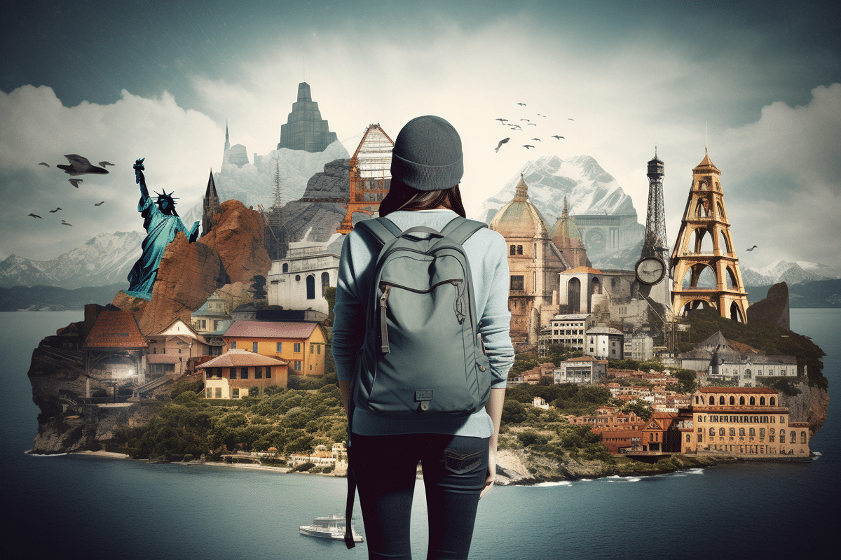 A woman with a backpack gazes at a city and a statue, capturing the essence of urban exploration and cultural appreciation.