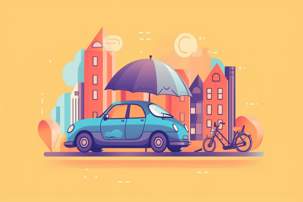 a car with an umbrella and a bicycle