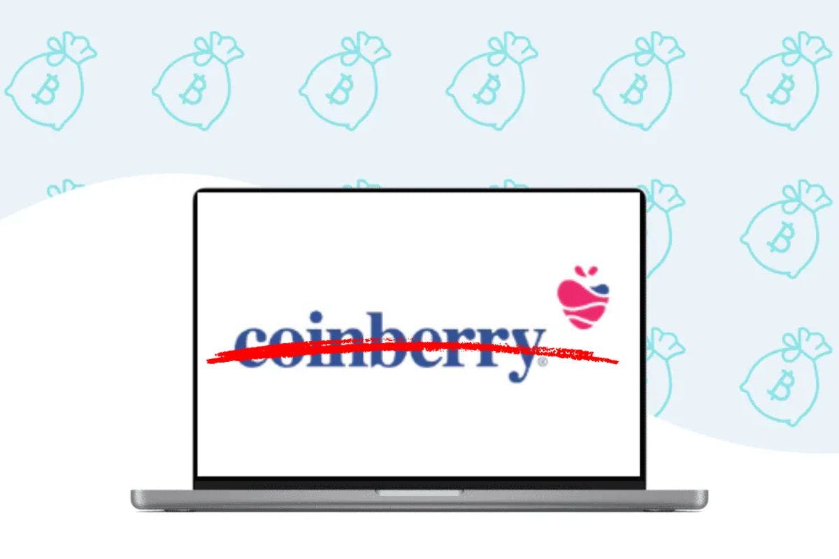 Image of the Coinberry logo on a laptop screen, it has been crossed out with red ink.