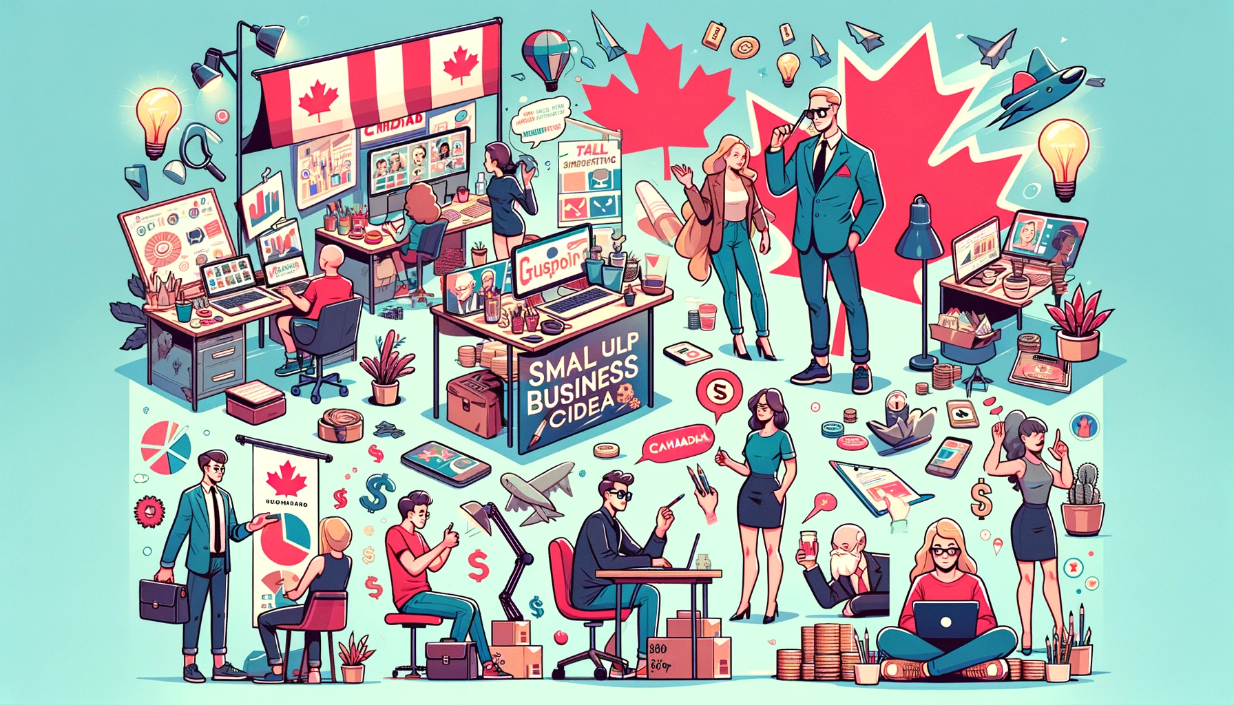 Various business ideas illustrated with Canadian flags in the background