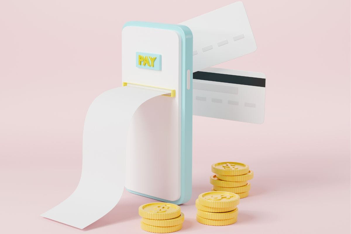 3D image of a smartphone printing a receipt from the screen. It is next to a credit card and a pile of coins.