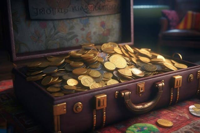 A suitcase overflowing with shiny gold coins on a table