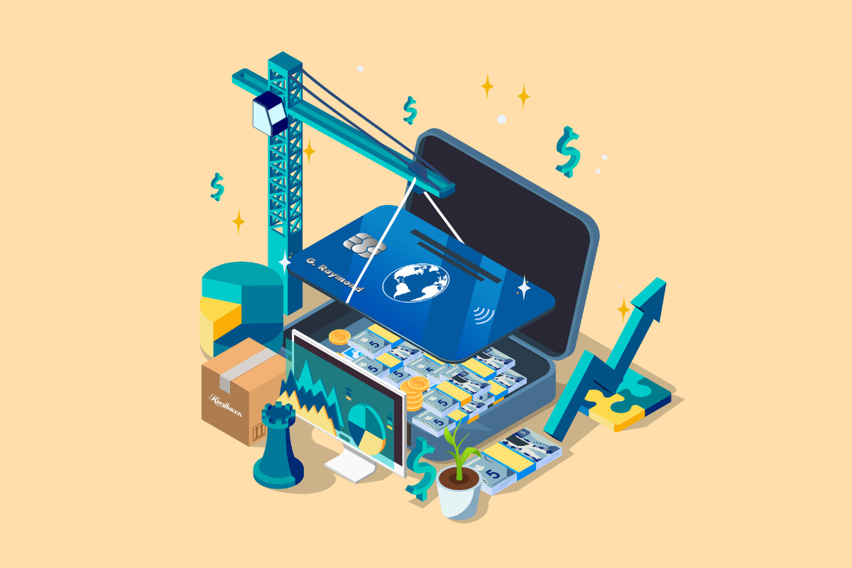 isometric illustration of a briefcase containing a credit card, cash, and various items