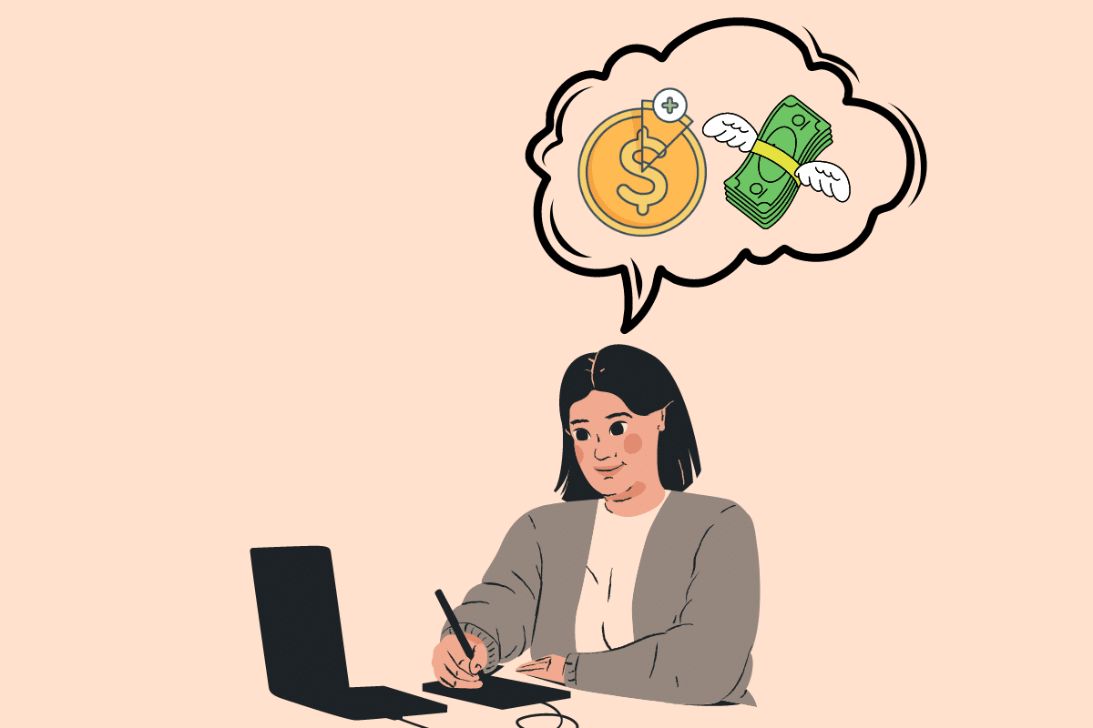 A woman sits at a desk, infront of laptop, holding pen mouse, and thinking about money.