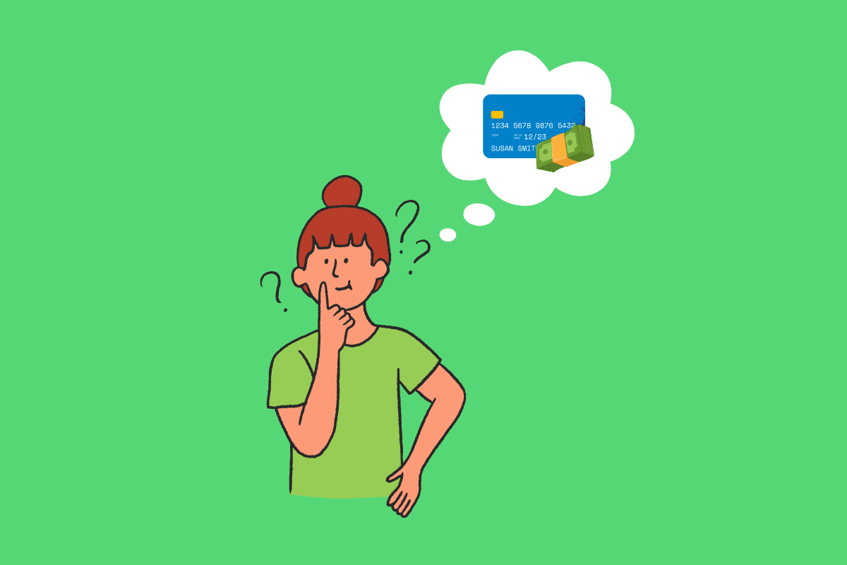 a cartoon of a person thinking about a credit card