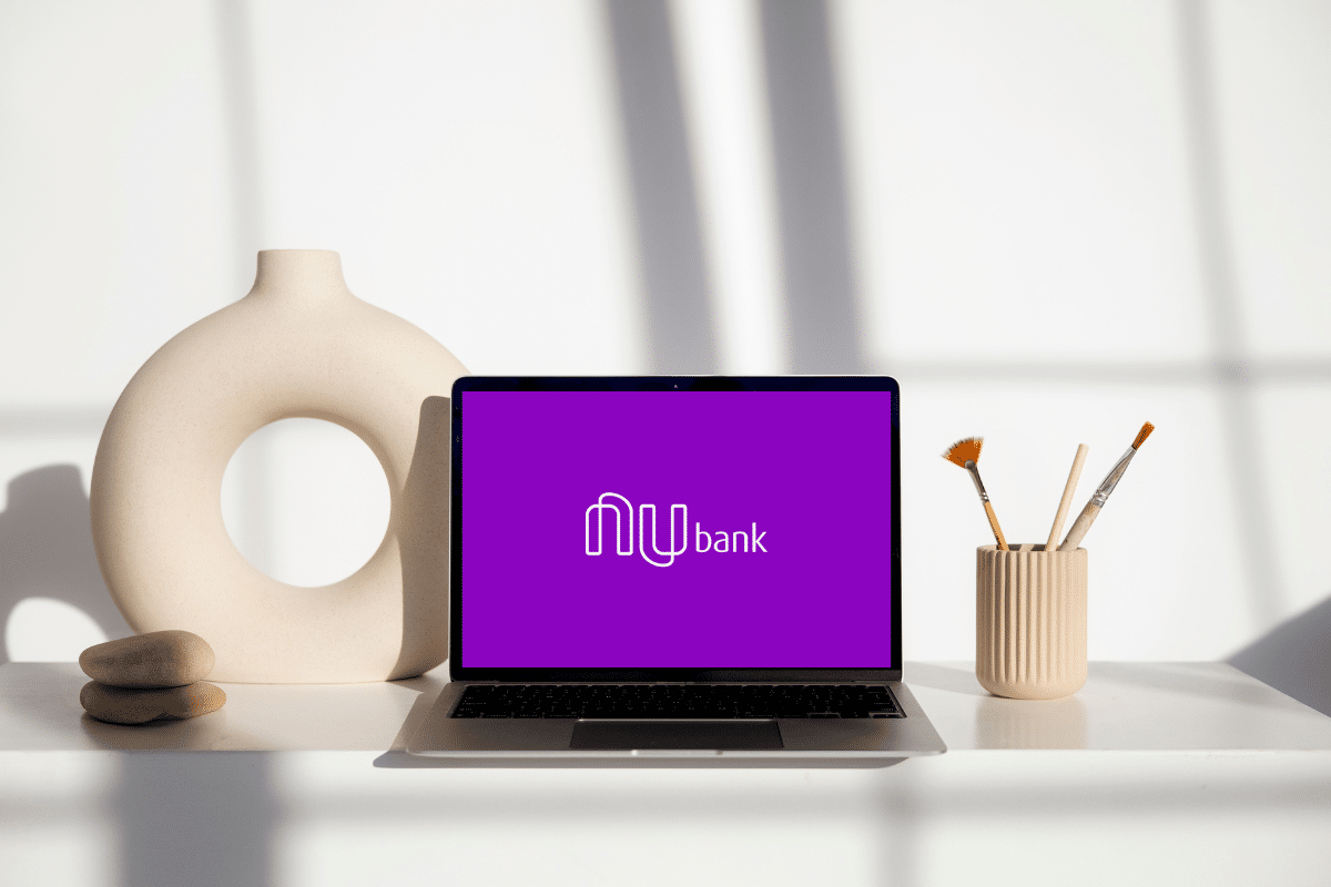 Nubank logo on the laptop screen on a desk
