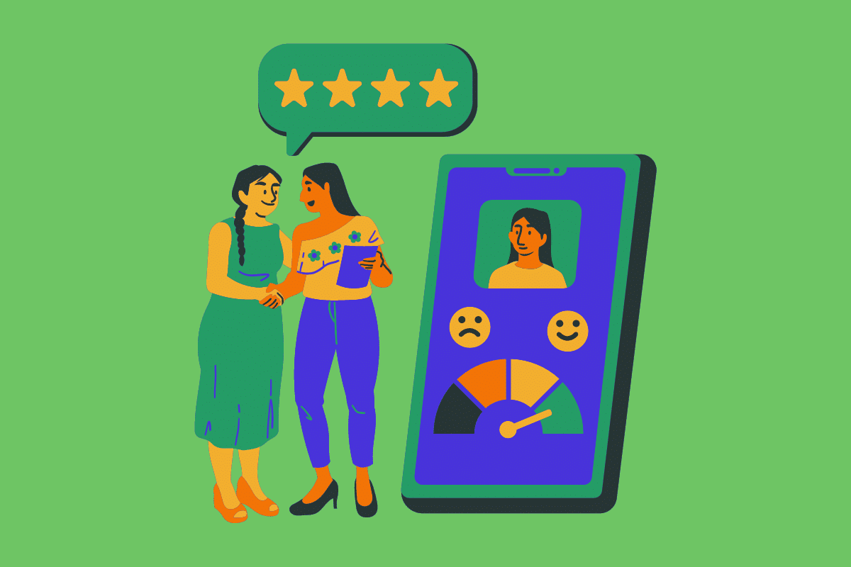 Women conversing about a phone with a five-star rating