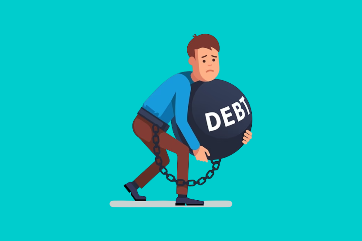 a person holding a large ball of debt with a chain around his neck
