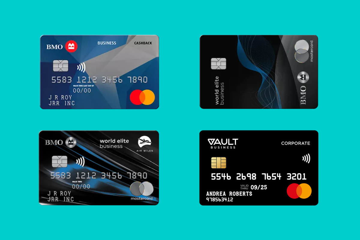 Visa, Mastercard, American Express, and Discover: 4 credit cards on a blue background