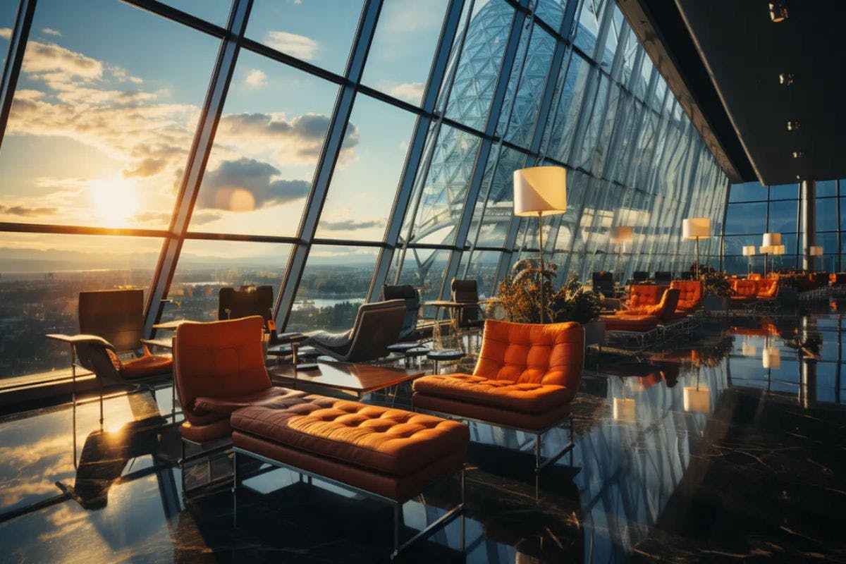 A captivating airport lobby scene, revealing the panoramic view of the bustling terminal and its lively ambiance.