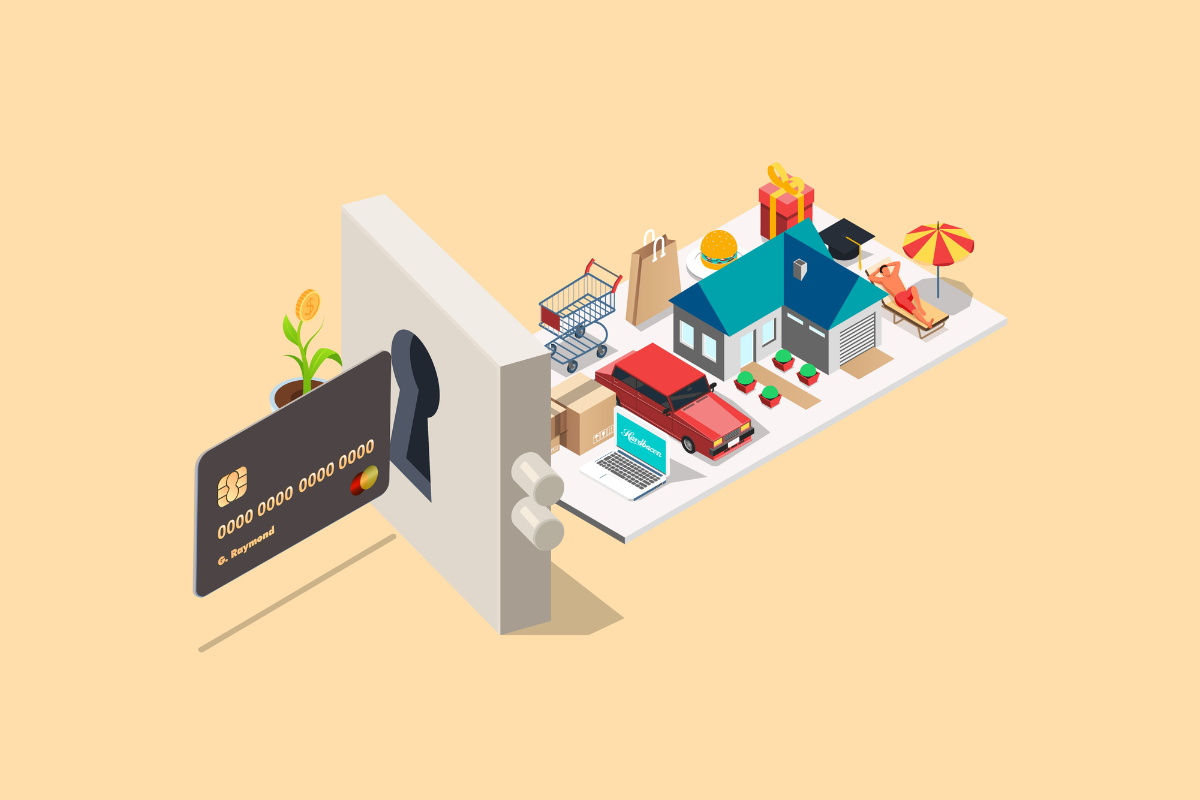An isometric image of a door with a credit card in it.