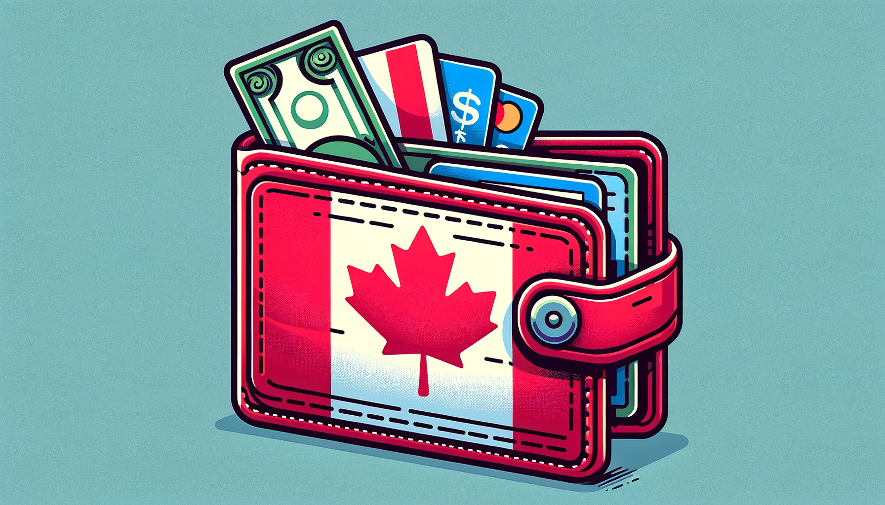 A Canadian flag inspired wallet containing credit cards and US dollar bills