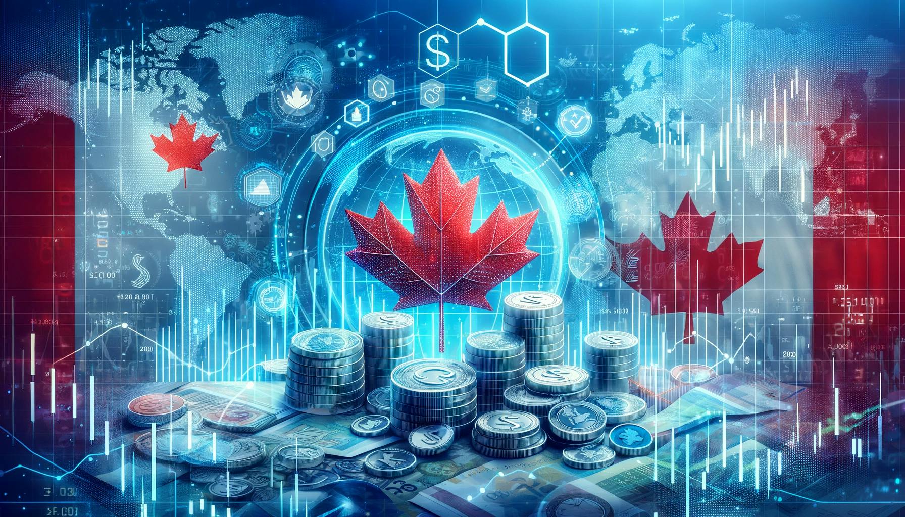 Feuille d'érable surplombant des pièces de monnaie, représentant les marchés financiers canadiens