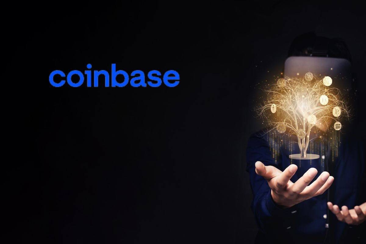 Coinbase logo next to a hand, phone and coins spinging out of it