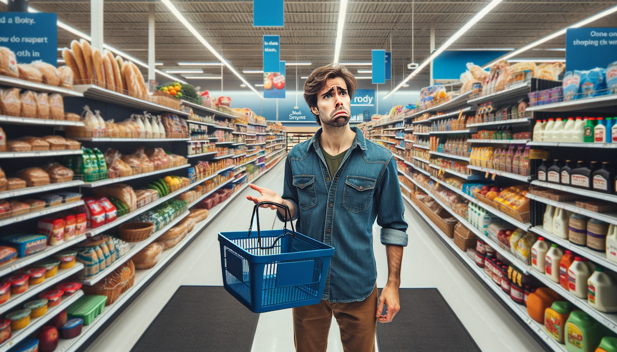 Un homme avec un panier vide à la main, se demande ce qu'il a les moyens d'acheter à l'épicerie en raison de l'inflation