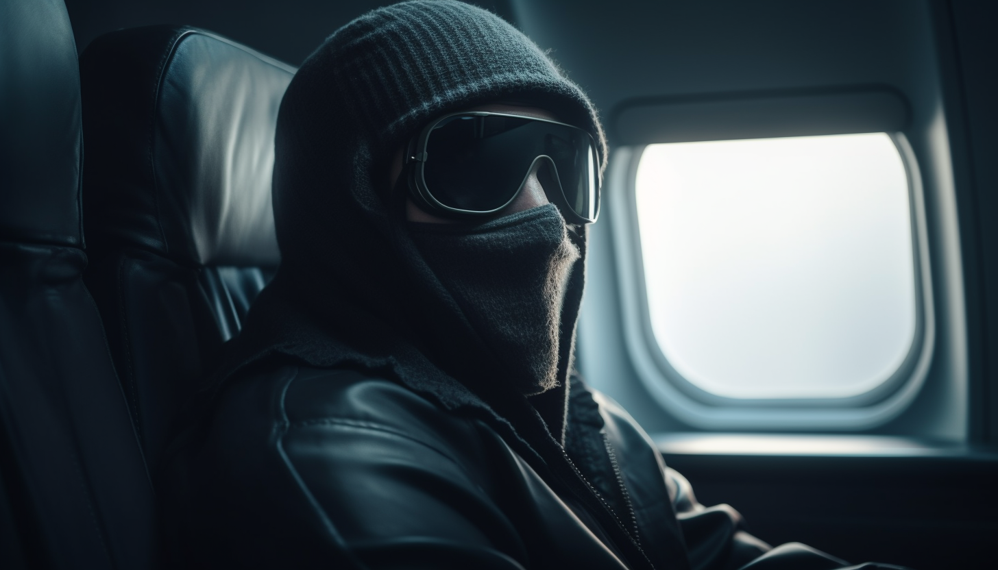 A criminal wearing a disguise on an airplane