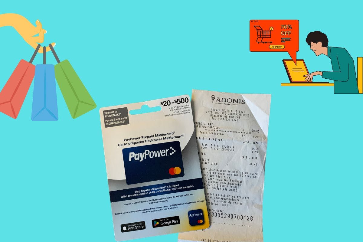 Carte PayPower dans son emballage avec facture, icônes de sacs et personne qui fait des achats en ligne