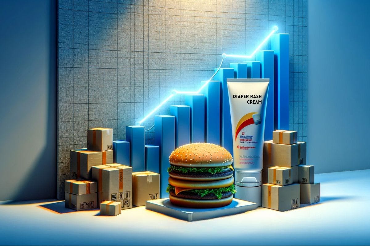 A big mac, tube of rash cream, and various boxes in front of a financial chart