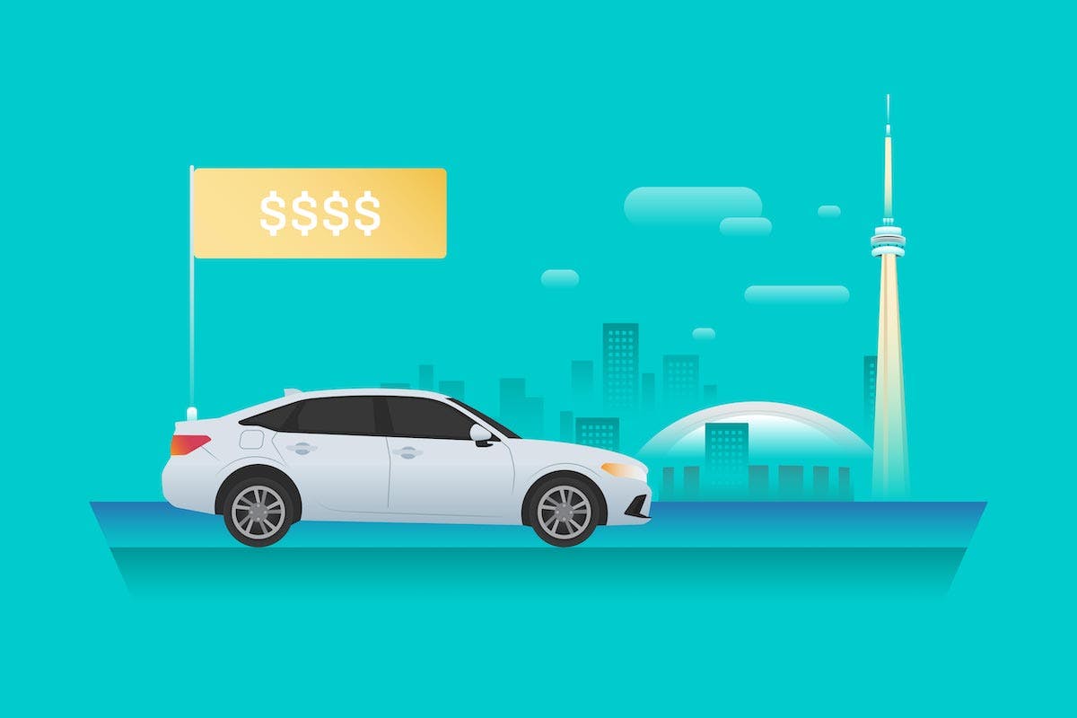 A car with a Toronto landmark in the background, with a price tag indicating "$$$$"