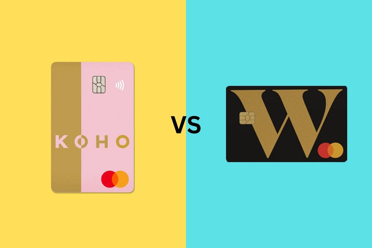 KOHO prepaird card on the left againts yellow background and Wealthsimple Cash card on the right against a blue background
