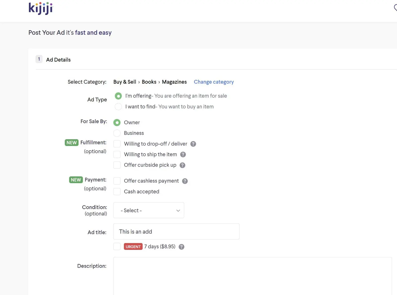 Kijiji ad details