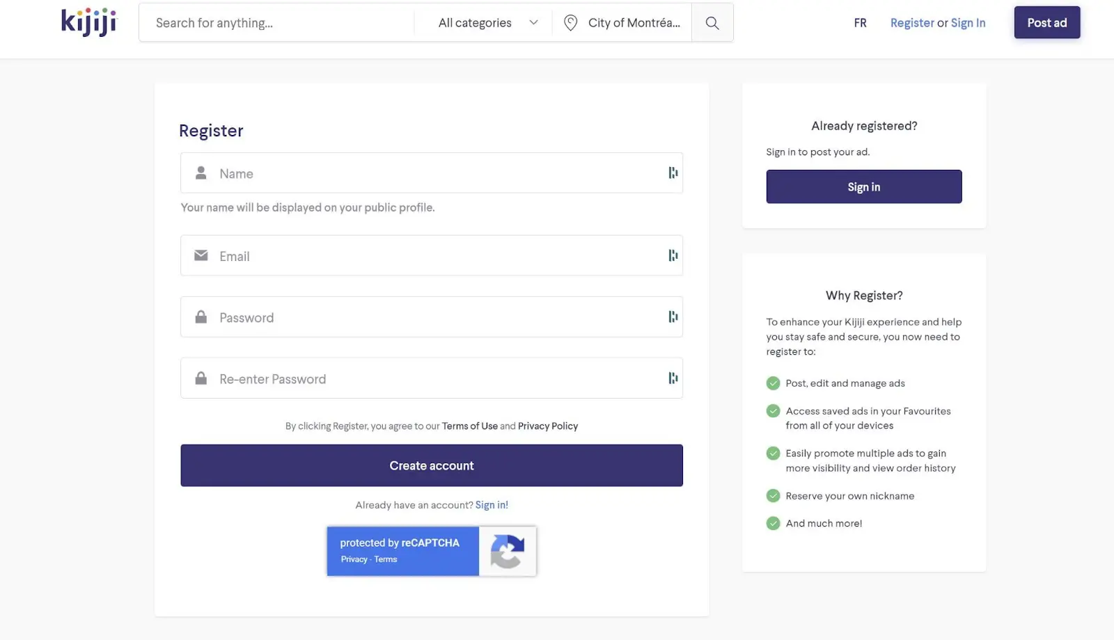 register an account on Kijiji