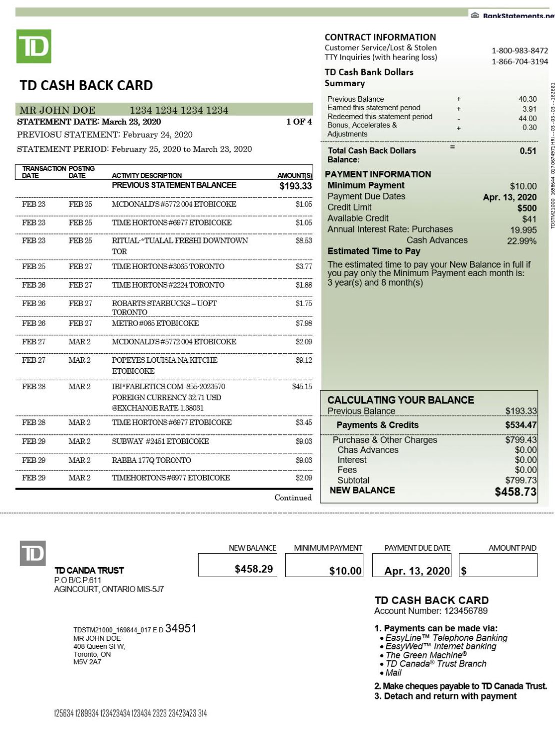 td cash back card