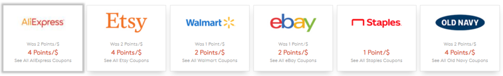 An image of some retailers on the My Points cash back app and how many points you can earn per $1.