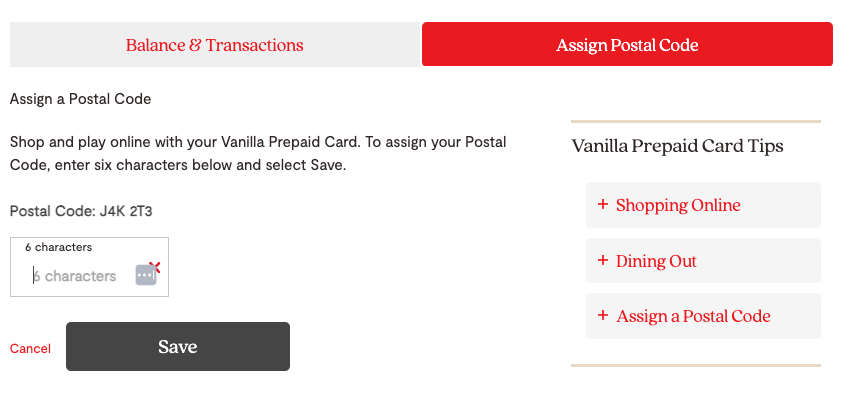 Screenshot showing how to assign a postal code to a Vanilla Visa card.