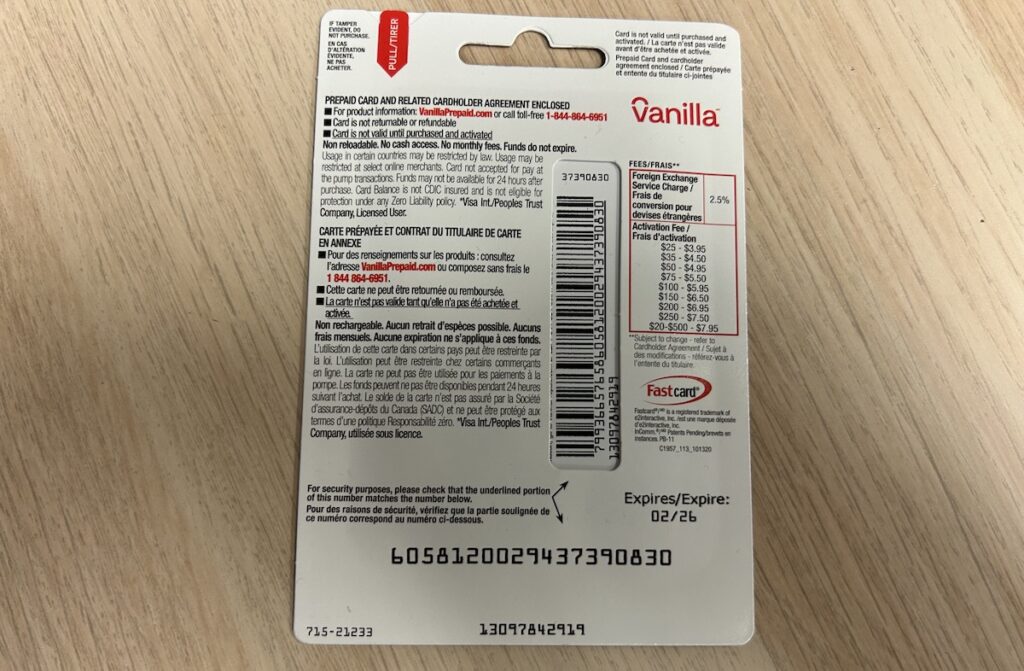 The back of the Visa Vanilla package, where the activation fees are detailed. It goes from $3.95 for a $25 card to $7.50 for a $250 card.