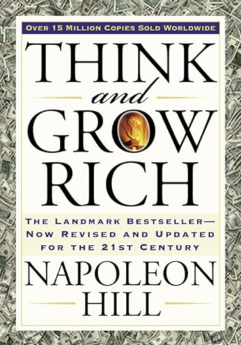 Images of money and dollar sign on the cover of the book Think and Grow Rich